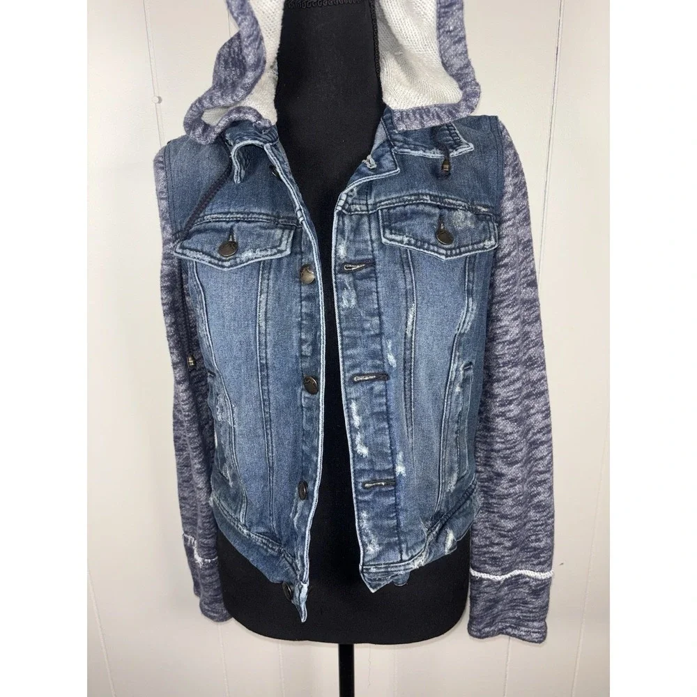 Free People Women's Cotton Denim Jean Woven Knit Sleeves Hoodie Jacket Blue Gray - Picture 2 of 10